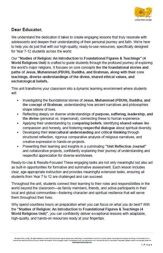 Studies of Religion - 4 Major World Religions: 15 Lesson Plans + Summative Assessment Task + FREE Student WORKBOOK incl. theory (Year 7-12)
