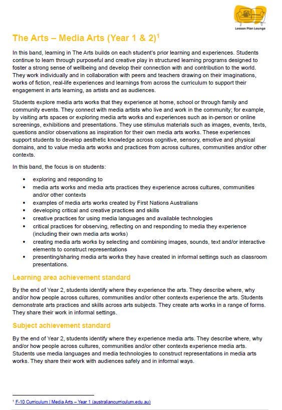 The Arts - MEDIA ARTS: 12 Lesson Plans + 1 Summative Assessment (Year 1)