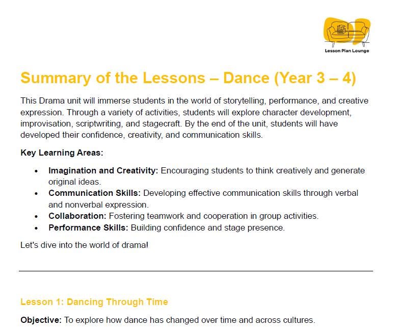 Dance - The Arts: 10 Lesson Plans + 1 Summative Assessment Task + 10 Extra practical lesson ideas (Year 3)