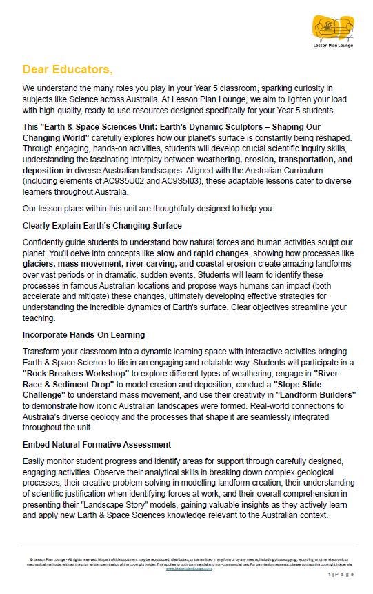 Science - Earth & space Sciences: Lesson Plans (10 Lessons) + 1 Summative Assessment + FREE Student Workbook (Year 5)