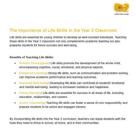 38 Awesome Life Skills lessons for the Year 2 Student