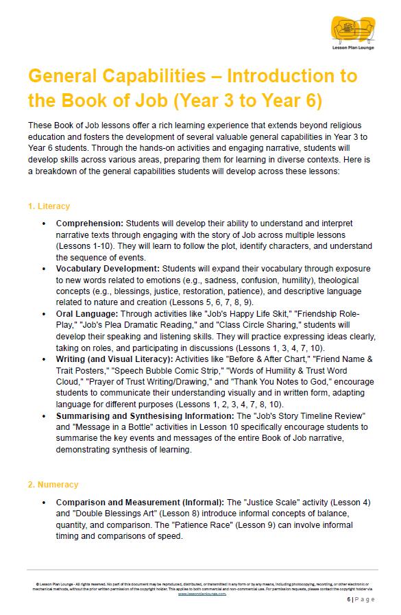 Studies of Religion - Introduction to the Book of Job: 10 Lesson Plans + 1 Summative Assessment Task (Year 3 to Year 6)