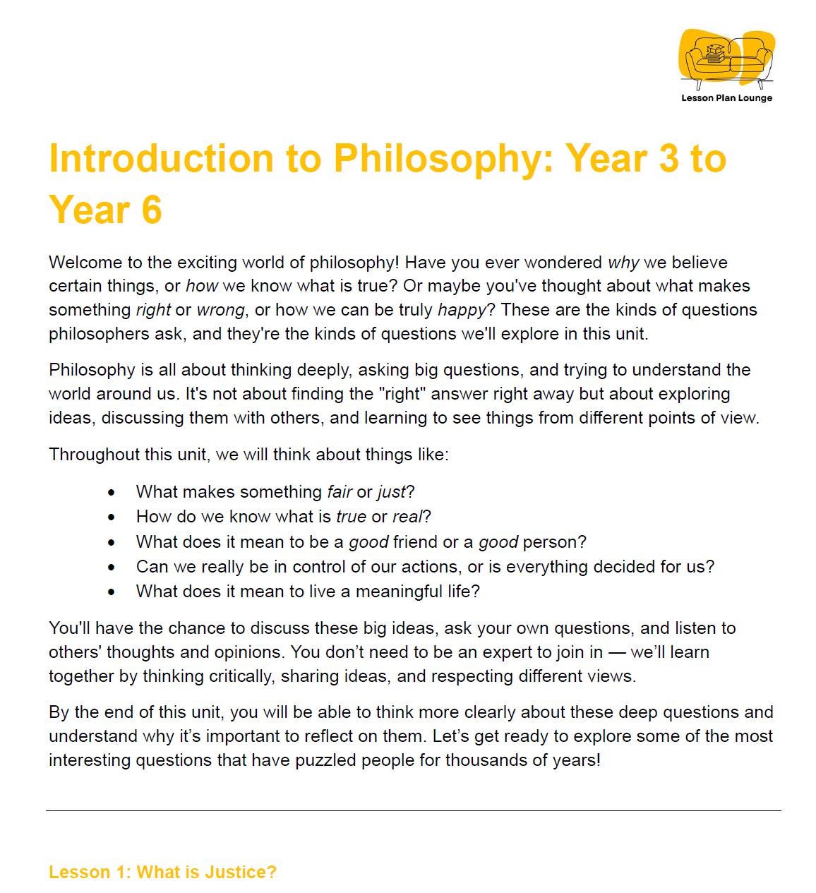 Philosophy: 10 Lesson Plans + 1 Summative Assessment Task (Year 3-6)