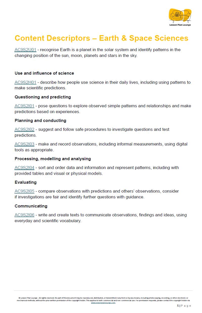 EARTH and SPACE SCIENCES - Adjusted Curriculum: 12 Lesson Plans + 1 Summative Assessment Task (Year 2)