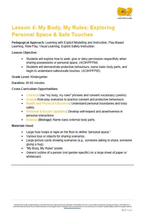 HPE - Personal, Social and Community Health: 11 Lesson Plans + 1 Summative Assessment and FREE Student WORKSHEETS (Kindergarten)