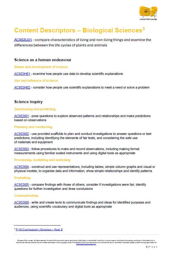 Science - Biological Sciences: Lesson Plans (9 lessons) + 1 Summative Assessment + FREE Student Workbook (Year 3)