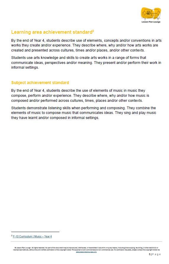Music - The Arts: 10 Lesson Plans + 1 Summative Assessment Task (Year 4)