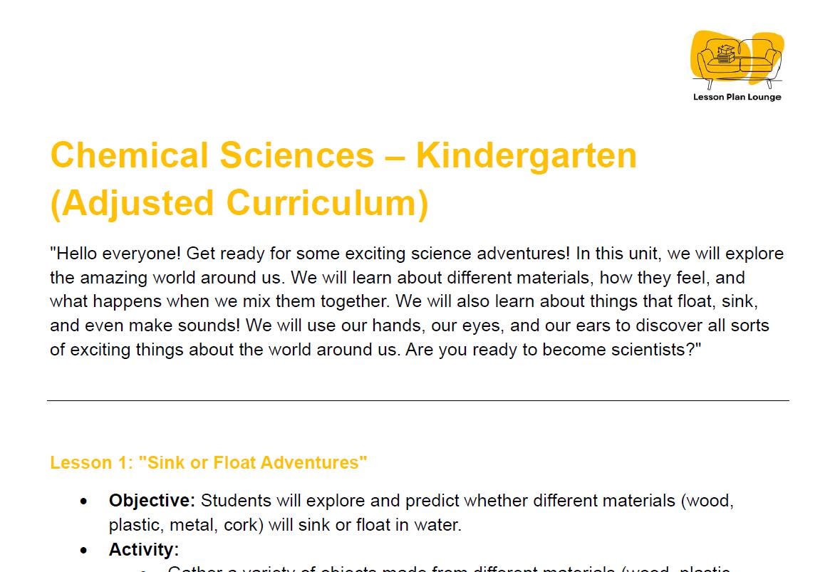 CHEMICAL Sciences - Adjusted Curriculum: 12 Lesson Plans + 1 Summative Assessment (Kindergarten/ Foundation Year)