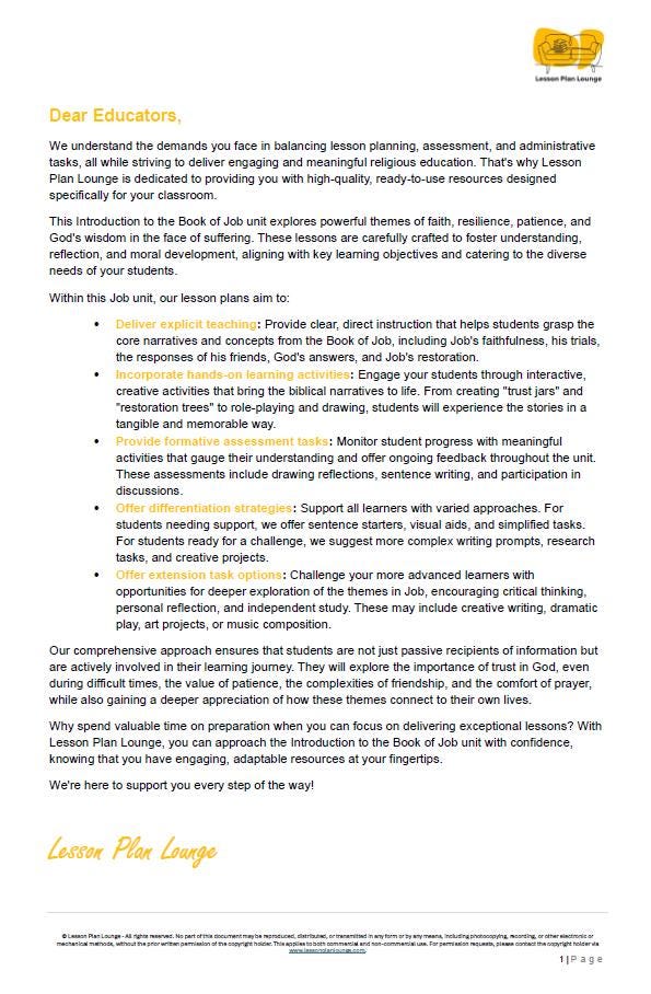 Studies of Religion - Introduction to the Book of Job: 10 Lesson Plans + 1 Summative Assessment Task (Kindergarten to Year 2)