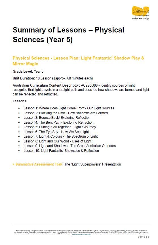 Science - Physical Sciences: Lesson Plans (10 lessons) + 1 Summative Assessment + FREE Student Workbook (Year 5)