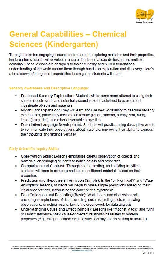 Chemical Science: 10 Lesson Plans + Summative Assessment and FREE Student WORKSHEETS (Foundation Year/ Kindergarten)