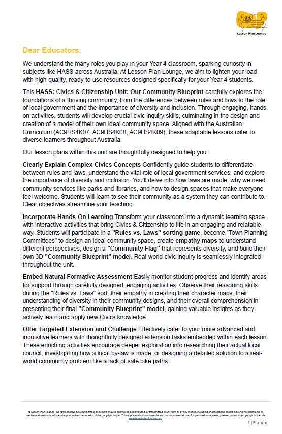 HASS - Civics and Citizenship: 5 Lesson Plans + 1 Summative Assessment and FREE Student Workbook (Year 4)