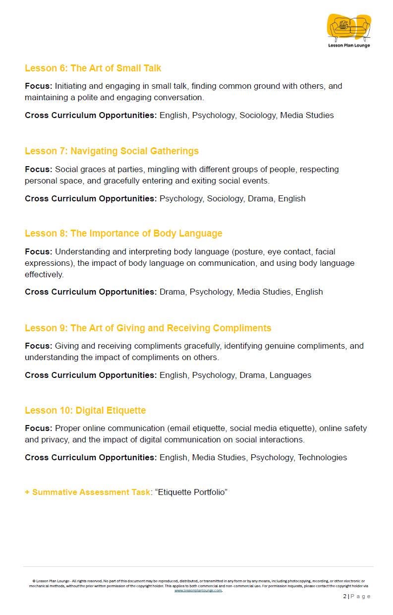 Etiquette and Conversation Skills: 10 Lesson Plans + 1 Summative Assessment + Worksheet Suggestions (High School)