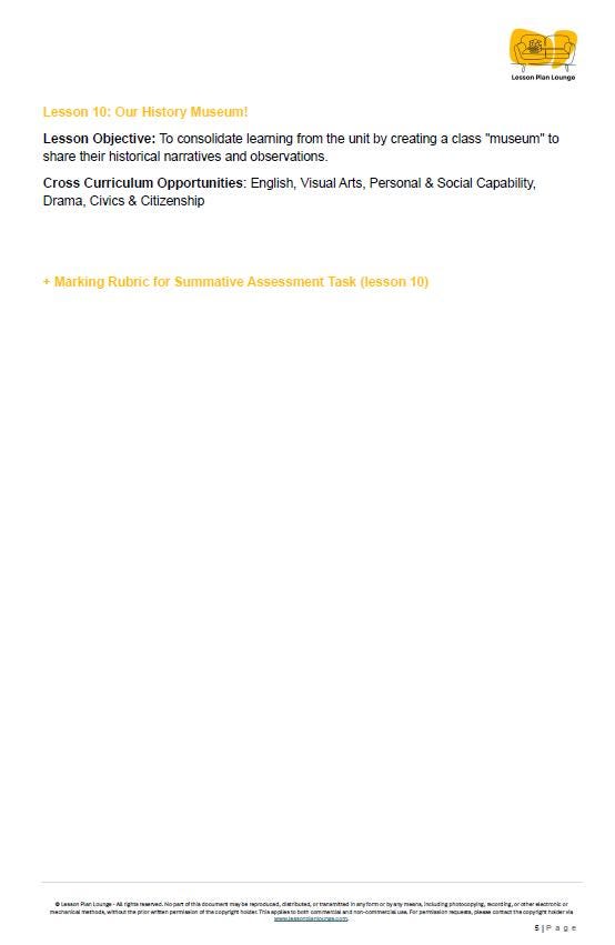 HASS - History: 10 lesson plans + 1 summative assessment and FREE Student WORKSHEETS (Kindergarten/ Foundation Year)