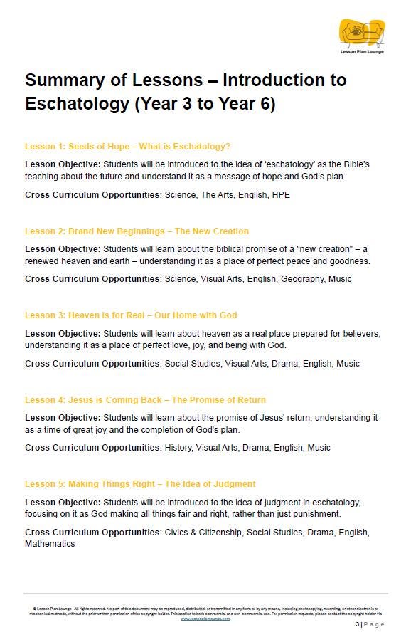 Studies of Religion - Introduction to Eschatology: 10 Lesson Plans + Marking Rubric for lesson 10 (Year 3 to Year 6)