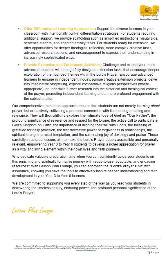 Studies of Religion - The Lord's Prayer: 10 Lesson Plans + 1 Summative Assessment Task + Student Workbook (Year 3 to Year 6)
