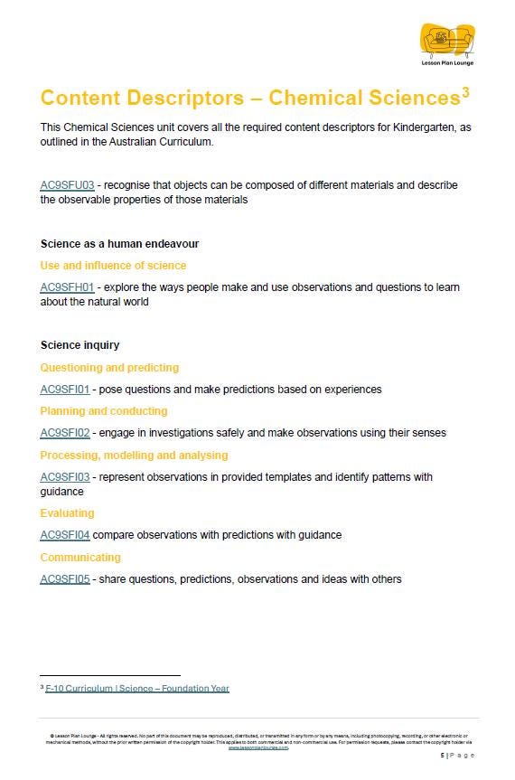 Chemical Science: 10 Lesson Plans + Summative Assessment and FREE Student WORKSHEETS (Foundation Year/ Kindergarten)
