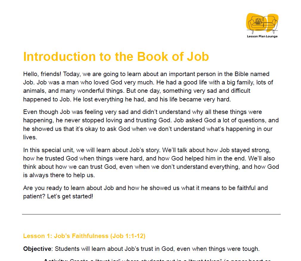 Studies of Religion - Introduction to the Book of Job: 10 Lesson Plans + 1 Summative Assessment Task (Kindergarten to Year 2)