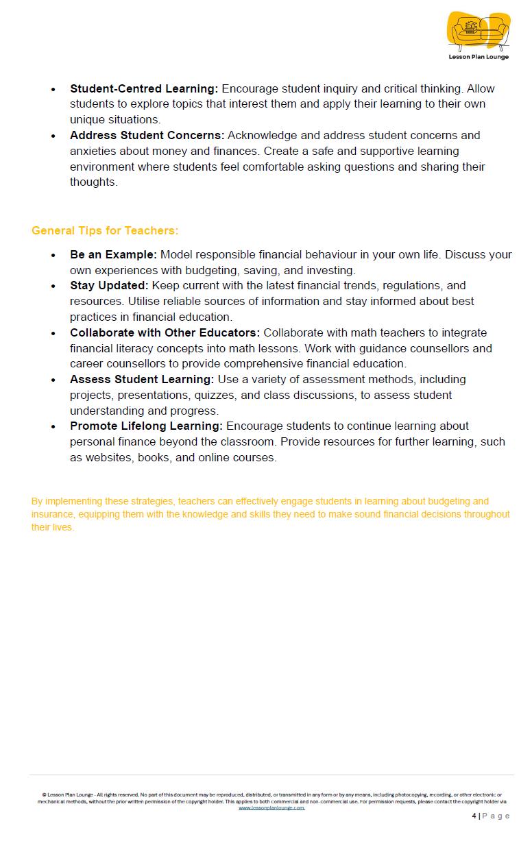 Budgeting & Insurances: 10 Lesson Plans + 1 Summative Assessment Task + Worksheet Suggestions (High School)