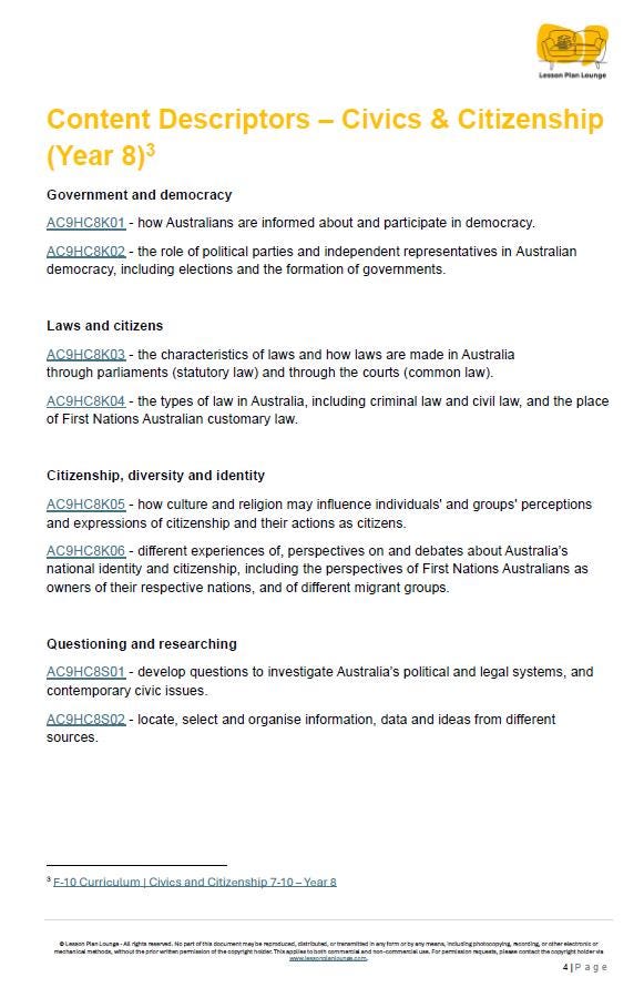 HASS Civics & Citizenship: 4 Lesson Plans + 1 Summative Assessment Task + FREE Student WORKBOOK (Year 8)