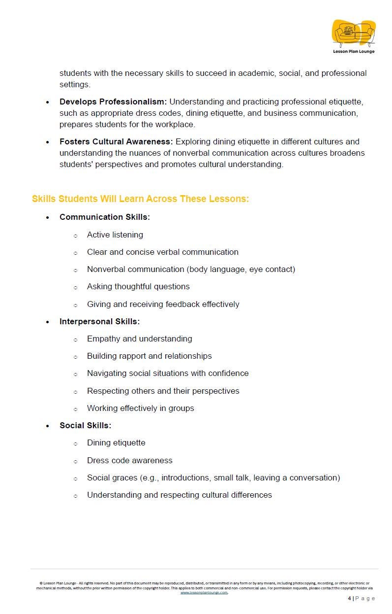 Etiquette and Conversation Skills: 10 Lesson Plans + 1 Summative Assessment + Worksheet Suggestions (High School)