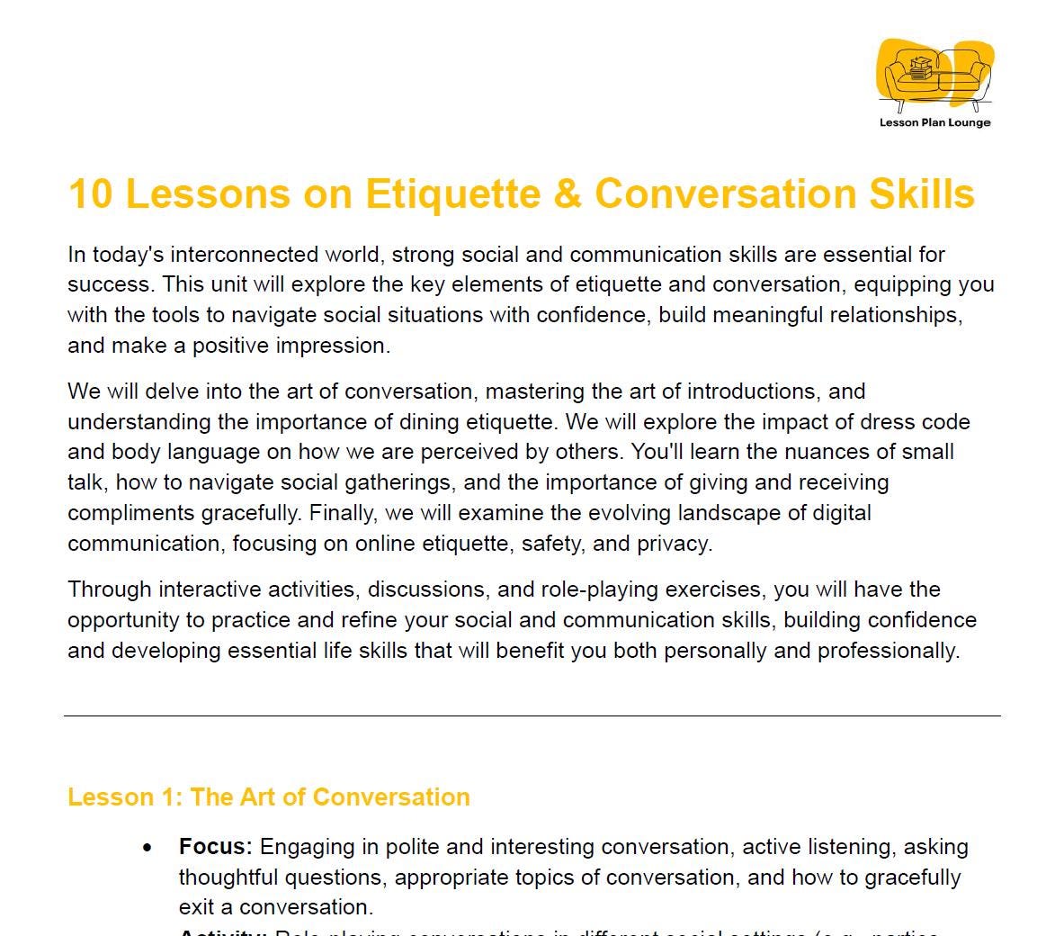 Etiquette and Conversation Skills: 10 Lesson Plans + 1 Summative Assessment + Worksheet Suggestions (High School)