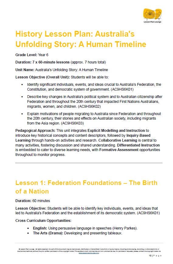 HASS - History + Civics & Citizenship: Lesson Plans (10 lessons) + 2 Summative Assessment Tasks + FREE Student Workbook (Year 6)