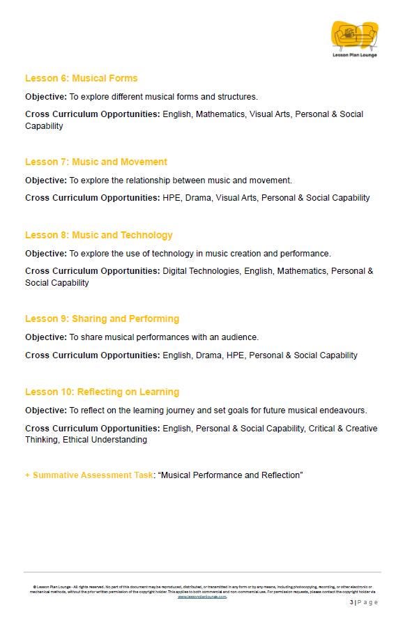 Music - The Arts: 10 Lesson Plans + 1 Summative Assessment Task (Year 3)