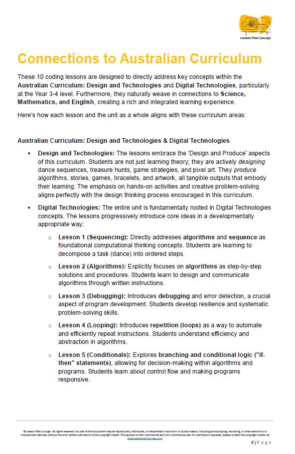 Technologies - Coding: 10 Lesson Plans + 1 Summative Assessment Task (Year 3 to Year 4)
