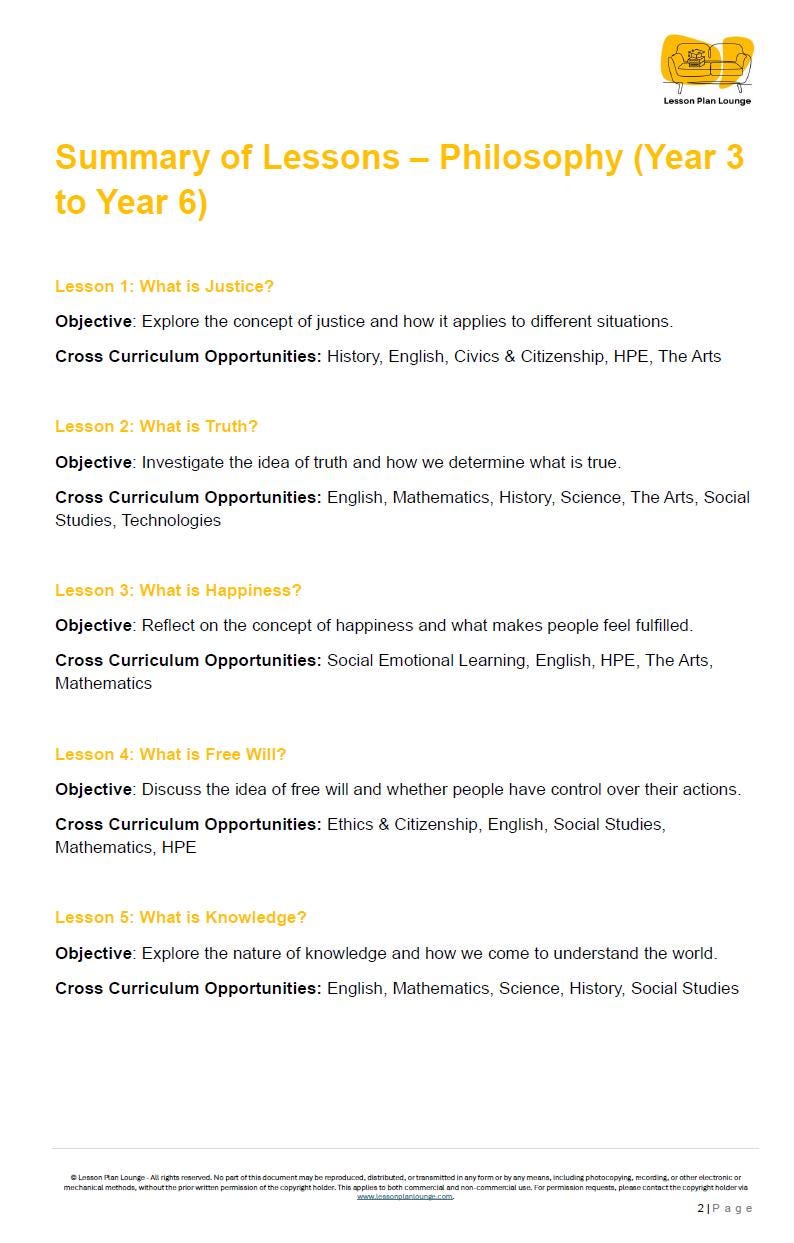 Philosophy: 10 Lesson Plans + 1 Summative Assessment Task (Year 3-6)