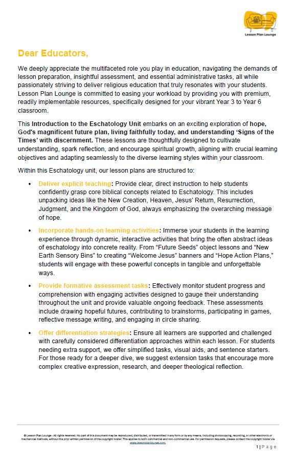 Studies of Religion - Introduction to Eschatology: 10 Lesson Plans + Marking Rubric for lesson 10 (Year 3 to Year 6)