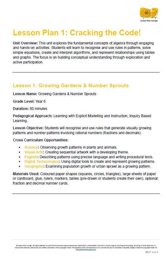 Mathematics - ALGEBRA: Lesson Plans covering 21 Lessons, Summative Assessment Task and FREE Student Workbook (Year 6)