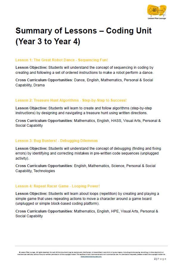 Technologies - Coding: 10 Lesson Plans + 1 Summative Assessment Task (Year 3 to Year 4)