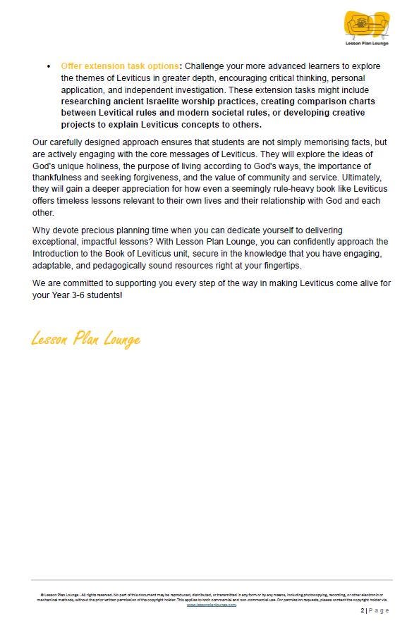 Studies of Religion - Introduction to Leviticus: 10 Lesson Plans + 1 Summative Assessment Task (Year 3 to Year 6)