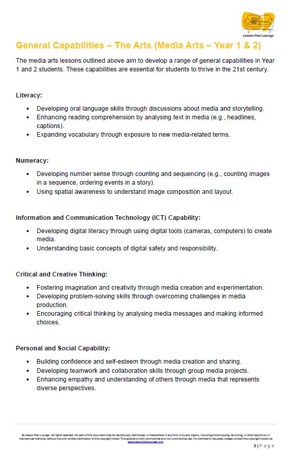 The Arts - MEDIA ARTS: 12 Lesson Plans + 1 Summative Assessment (Year 2)