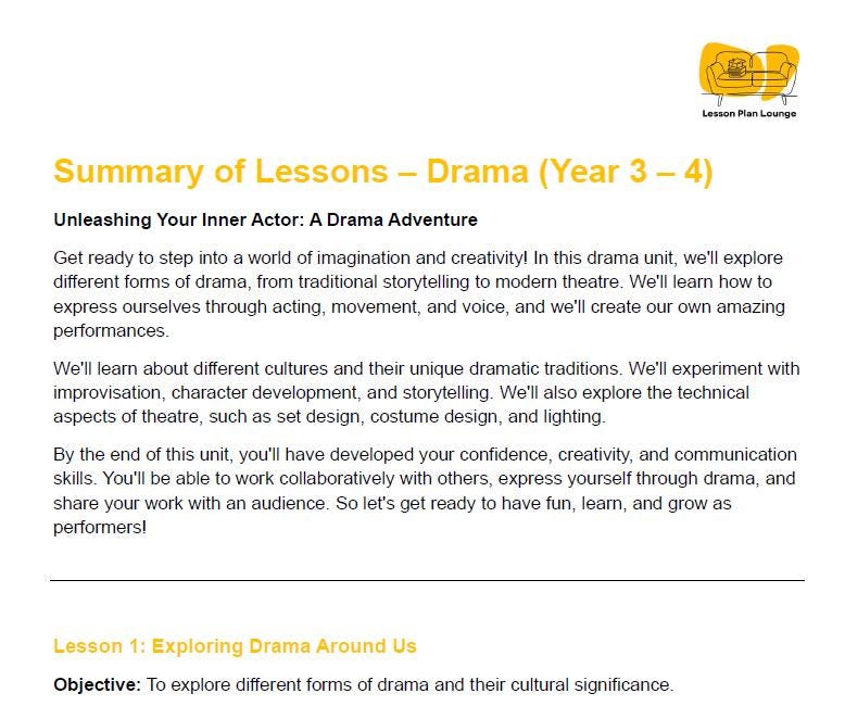 Drama - The Arts: 10 Lesson Plans + 1 Summative Assessment Task (Year 4)