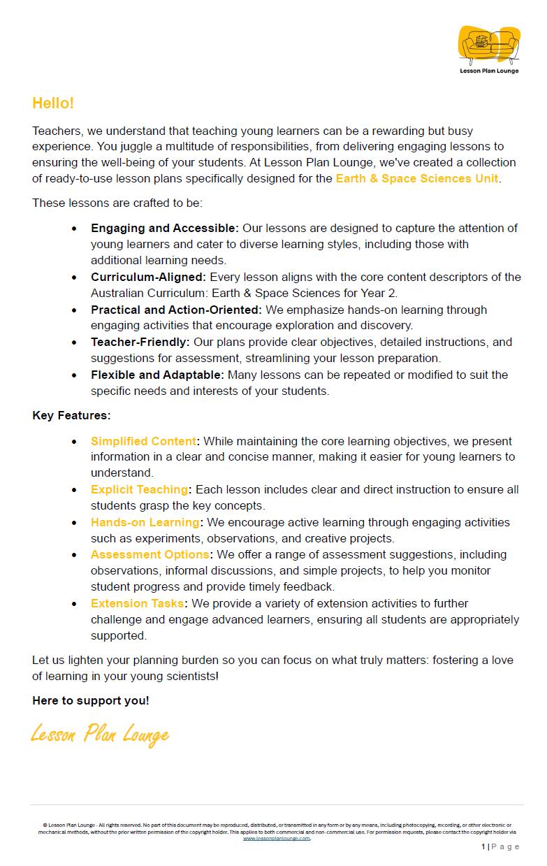 EARTH and SPACE SCIENCES - Adjusted Curriculum: 12 Lesson Plans + 1 Summative Assessment Task (Year 2)