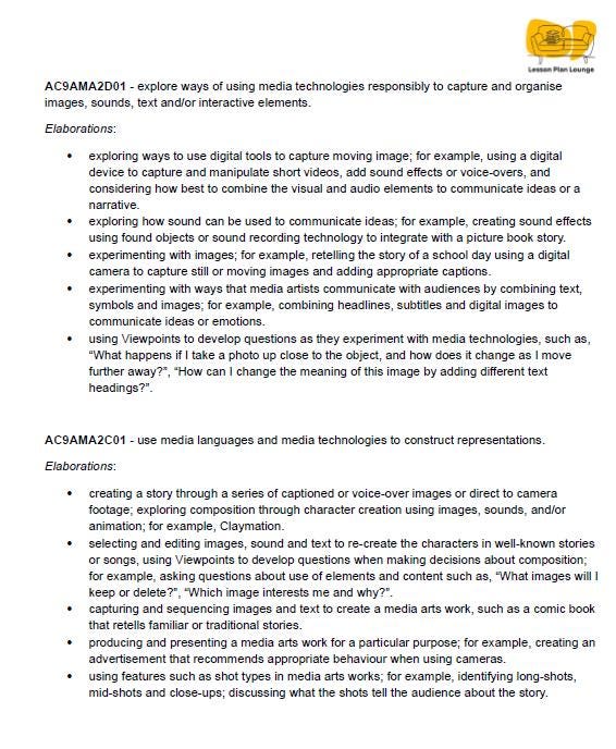 The Arts - MEDIA ARTS: 12 Lesson Plans + 1 Summative Assessment (Year 1)