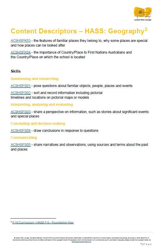 HASS - Geography: 10 lesson plans + 1 summative assessment and FREE Student WORKSHEETS (Kindergarten/ Foundation Year)