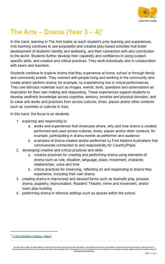 Drama - The Arts: 10 Lesson Plans + 1 Summative Assessment Task (Year 3)