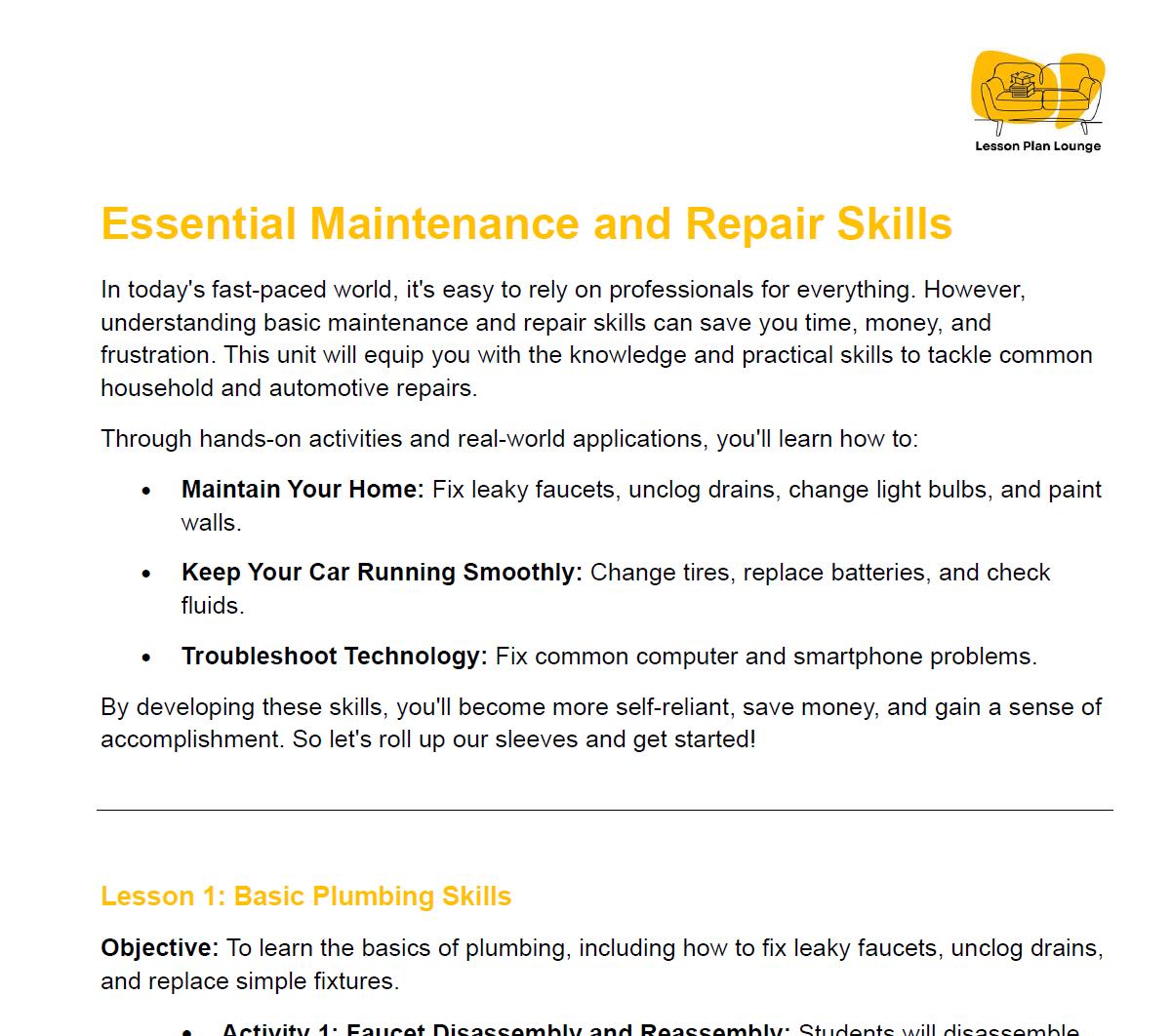 Essential Maintenance and Repair Skills: 10 Lesson Plans + 1 Summative Assessment (High School)