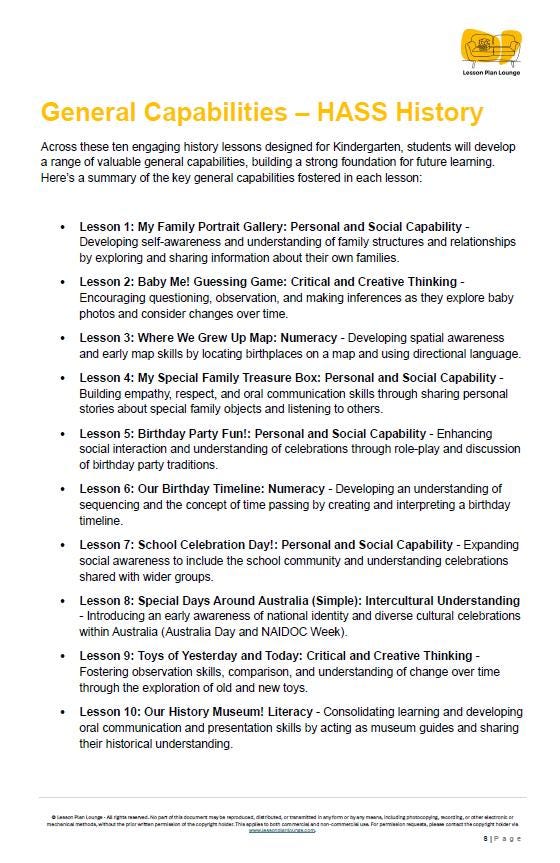HASS - History: 10 lesson plans + 1 summative assessment and FREE Student WORKSHEETS (Kindergarten/ Foundation Year)