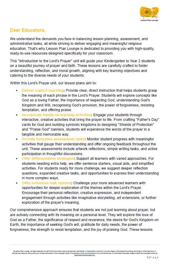 Studies of Religion - Introduction to The Lord's Prayer: 10 Lesson Plans + 1 Summative Assessment Task (Kindergarten to Year 2)