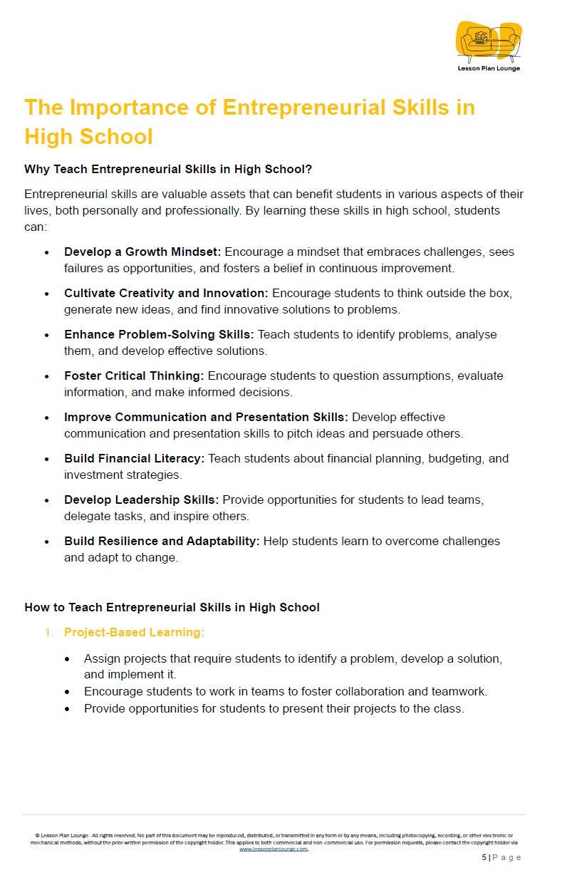 Entrepreneurship - Start Your Own Business: 20 Lesson Plans (covering 27 lessons) + 1 Summative Assessment + Worksheet Ideas - High School