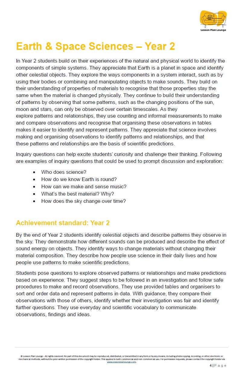 EARTH and SPACE SCIENCES - Adjusted Curriculum: 12 Lesson Plans + 1 Summative Assessment Task (Year 2)