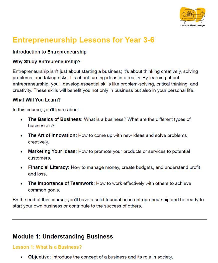 Entrepreneurship - Start Your Own Business: 10 Lesson Plans + 1 Summative Assessment + Worksheet Ideas for each lesson - Primary School