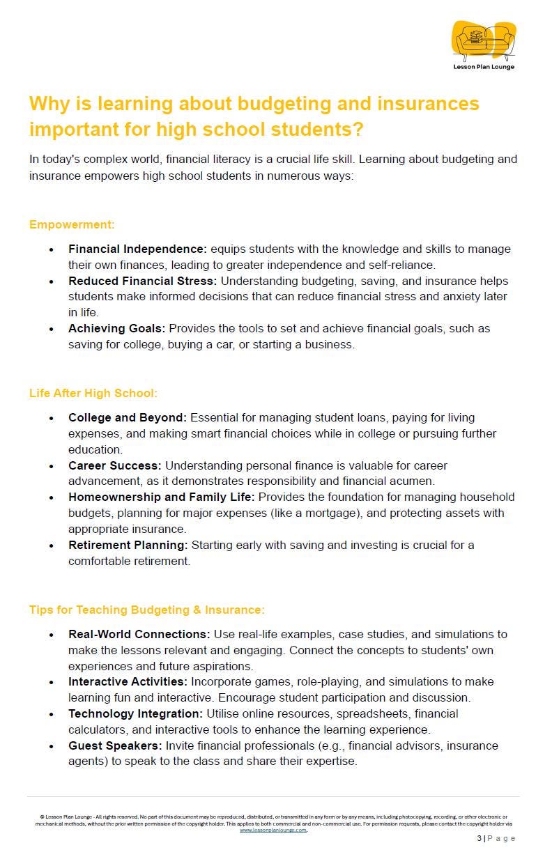 Budgeting & Insurances: 10 Lesson Plans + 1 Summative Assessment Task + Worksheet Suggestions (High School)