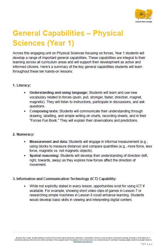 Science - Physical Sciences: 10 Lesson Plans + 1 Summative Assessments and FREE Student WORKSHEETS (Year 1)