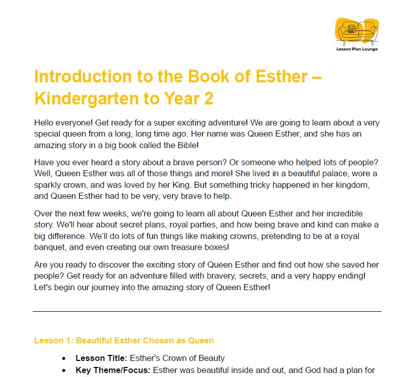 Studies of Religion - Introduction to the Book of Esther: 10 Lesson Plans + 1 Summative Assessment Task (Kindergarten to Year 2)