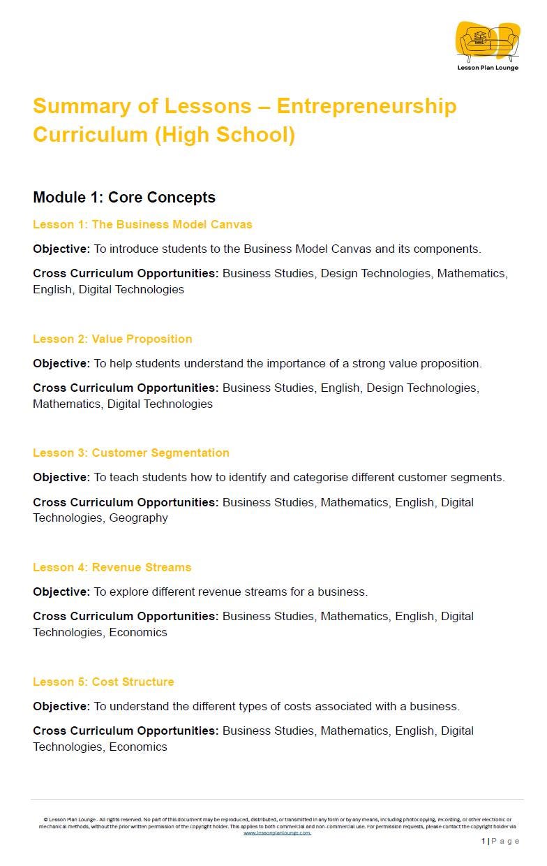 Entrepreneurship - Start Your Own Business: 20 Lesson Plans (covering 27 lessons) + 1 Summative Assessment + Worksheet Ideas - High School